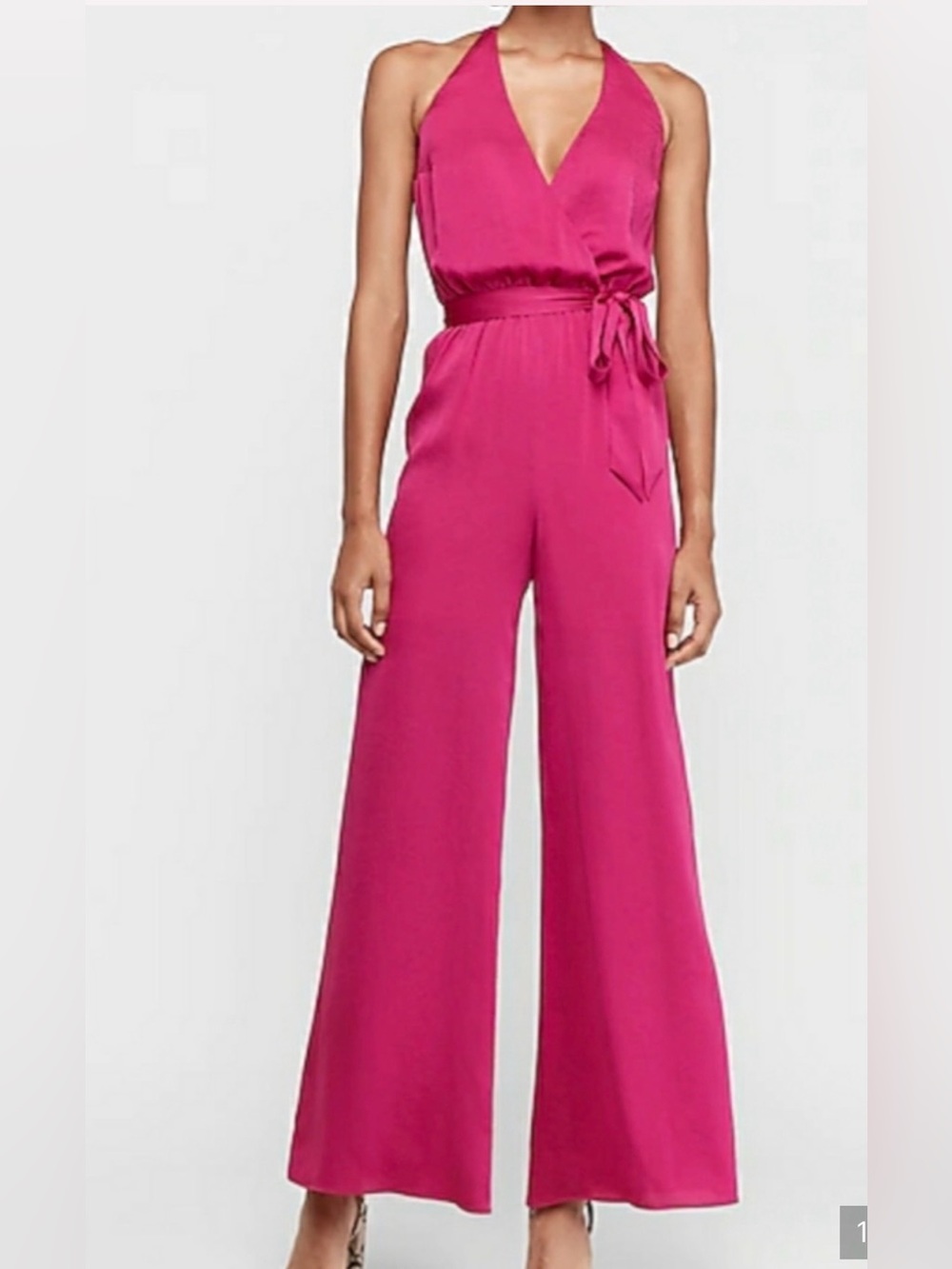 Express satin halter wrap front jumpsuit